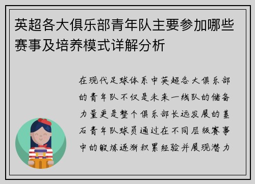 英超各大俱乐部青年队主要参加哪些赛事及培养模式详解分析